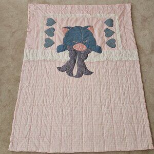 VTG Cuddle Cat Handmade Blanket Quilt 41x55 Pink White Gingham Blue Kitty Hearts